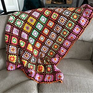 Vintage Handmade Crochet Granny Square Throw Blanket MCM Cottagecore Boho 55x74”
